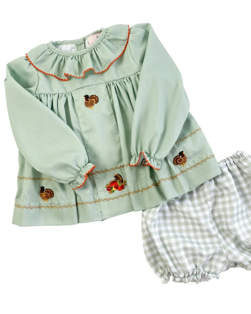 Turkey Embroidered Sage Green Bloomer Set | Smockingbird Kids