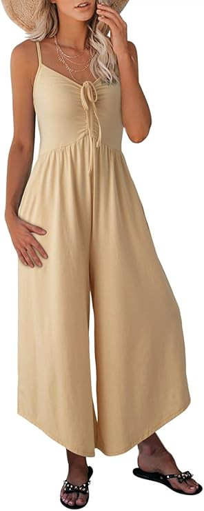 Dokotoo Womens Jumpsuits Spaghetti Straps Ruched Drawstring Knit Wide Leg Romper Casual Jumpsuits... | Amazon (US)