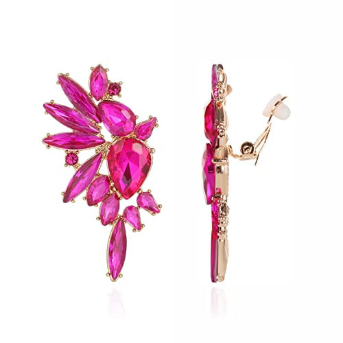 Met-edianger Hot Pink Rhinestone Statement Earrings Retro Vintage Crystal Clip on Drop Dangle Earrings Non Pierced Earrings for Women | Amazon (US)