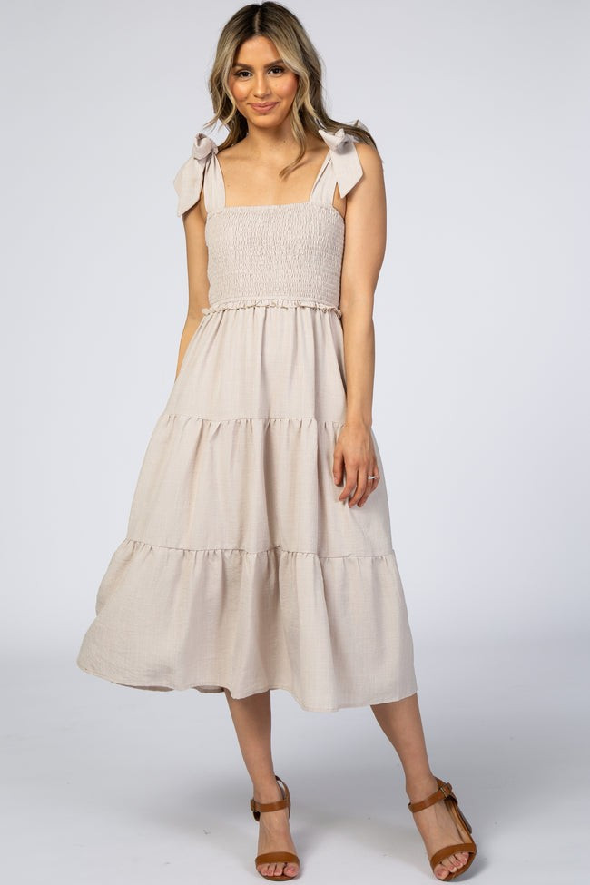 Beige Bow Strap Tiered Midi Dress | PinkBlush Maternity