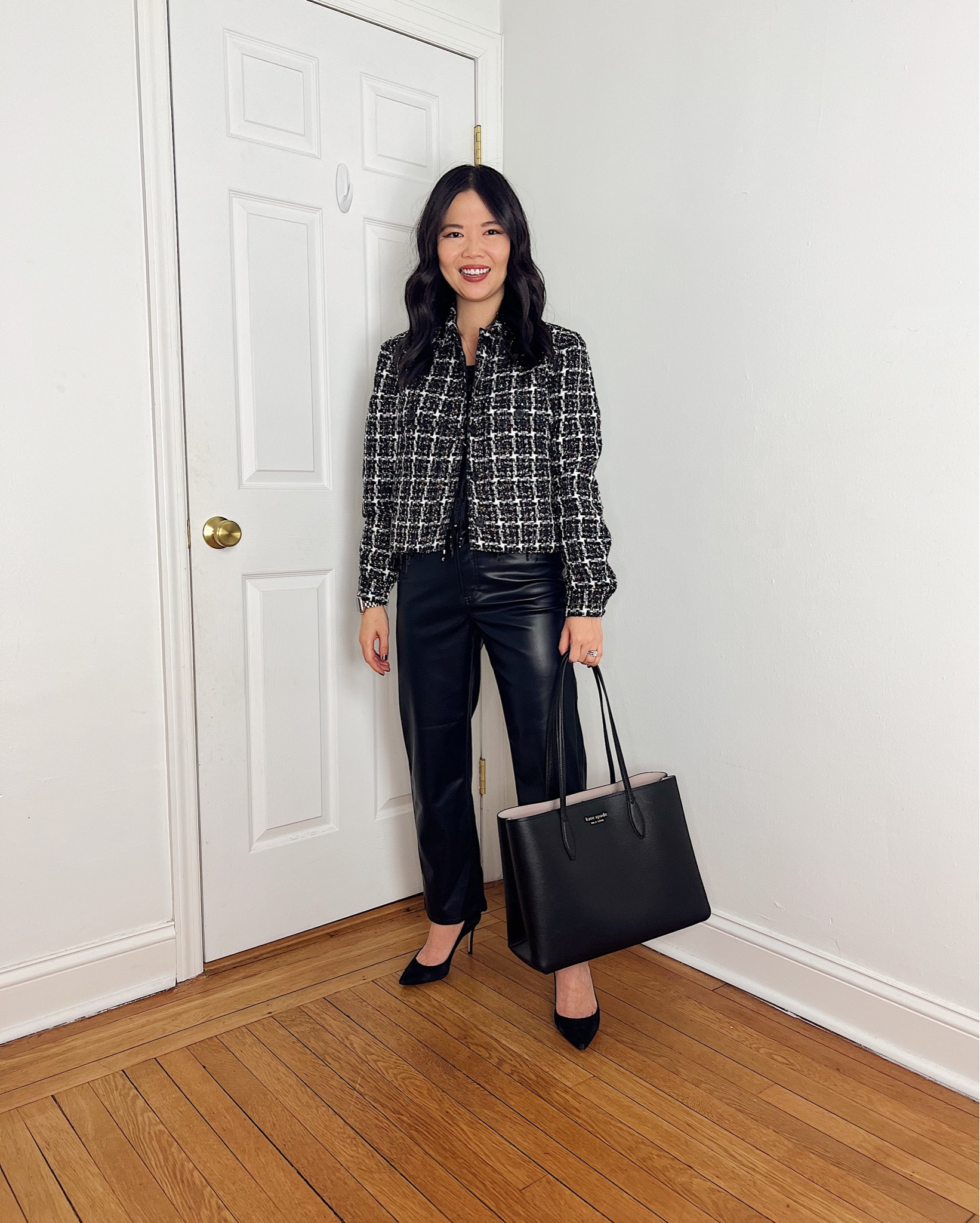 Black tweed jacket (XS)
Black sequin top (XS)
Black faux leather pants (27P)
Black tote bag
Black pumps
Black suede pumps
Holiday work outfit
Holiday party outfit
Neutral holiday outfit
Black holiday outfit
NYE outfit
LOFT outfit

#LTKSeasonal #LTKHoliday #LTKsalealert