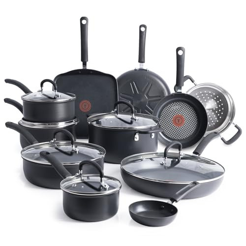 T-Fal Ultimate Hard Anodized Nonstick Pots and Pans Set 17 Piece, Nonstick Cookware Set with Fry Pan, Saucepans, Saute-Pan, Griddle, Dishwasher Safe, Black | Amazon (US)