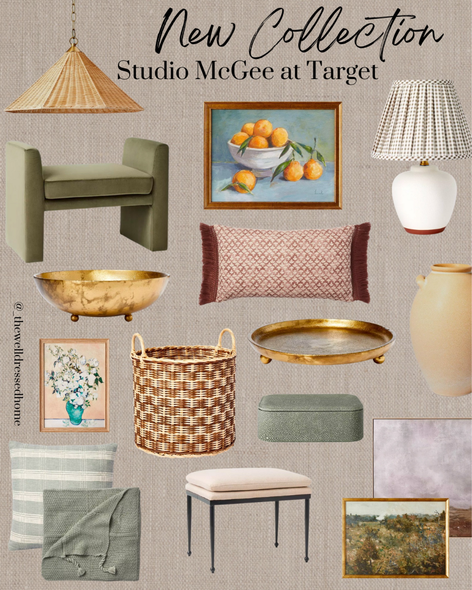 McGee & Co. New Collection | block print lamp, checkered basket, velvet ottoman, framed art, lampshade pendant, linen ottoman stool, brass footed bowl, brass footed tray, lumbar pillow 

#LTKhome #LTKSeasonal #LTKFind