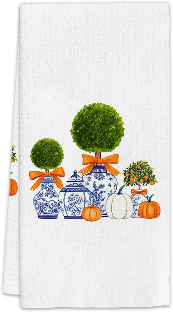 Chinoiserie Fall Pumpkin Kitchen Towels, Blue and White Porcelain Topiary Tree Decor Dish Towels,... | Amazon (US)