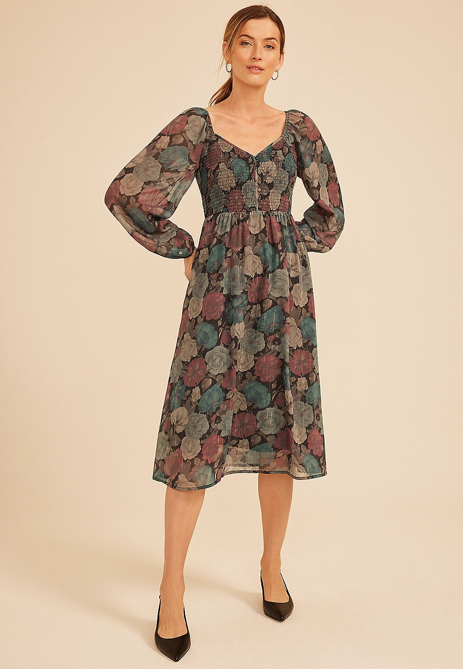 Floral Metallic Smocked Midi Dress | Maurices