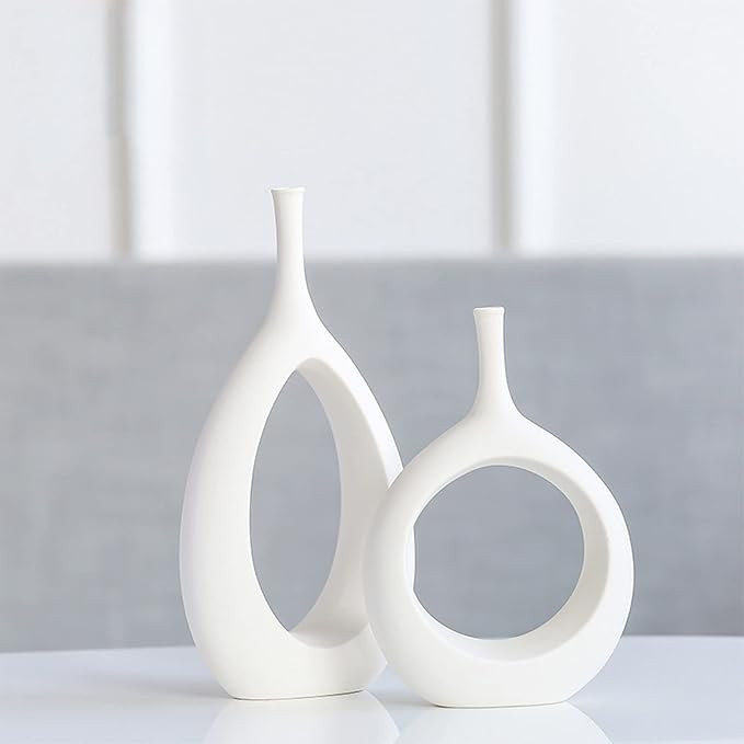 White Ceramic Hollow Oval Vase, Set of 2 Handmade Modern Nordic Geometric Flowers Vase Decoration... | Amazon (US)