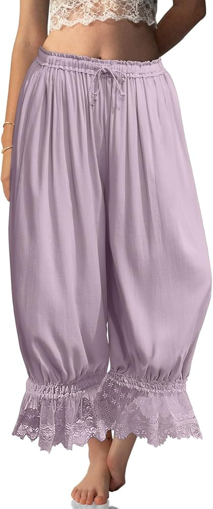 TARSE Women Linen Lace Trim Long Bloomers Pants Ruffle Victorian Vintage Pantaloons Summer Beach ... | Amazon (US)