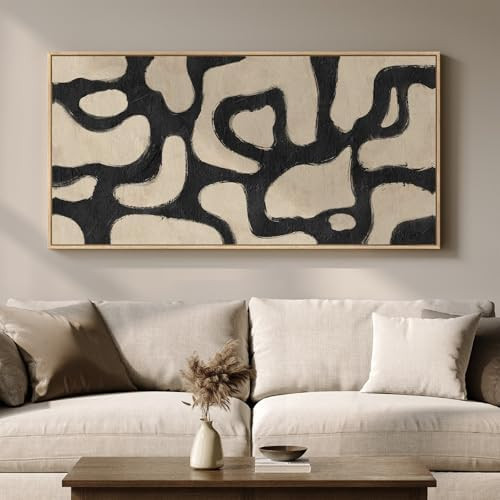 Framed Neutral Horizontal Abstract Wall Art for Living Room, Extra Large Black and Beige Modern P... | Amazon (US)