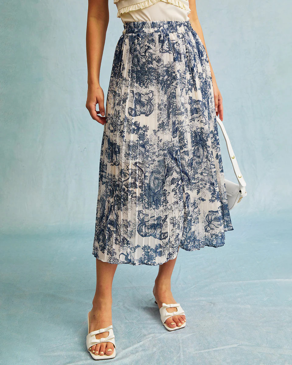 The Blue High Waisted Floral Pleated Midi Skirt | rihoas.com