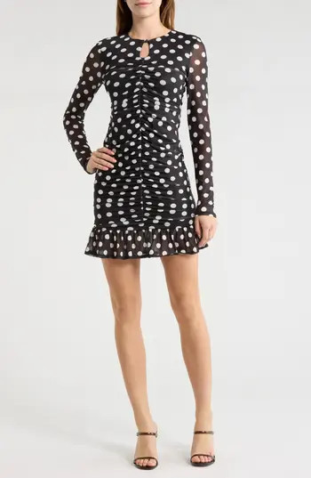 AFRM LOS ANGELES Antoinette Polka Dot Ruched Minidress in Black And White Dots at Nordstrom Rack, Size Small | Nordstrom Rack