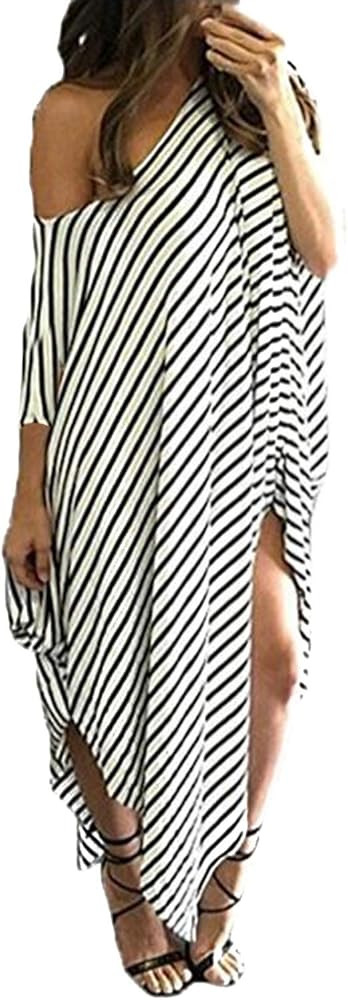 Women Maxi Dress Striped Long Dresses Casual Loose Kaftan Oversized Round Neck Sundress | Amazon (US)