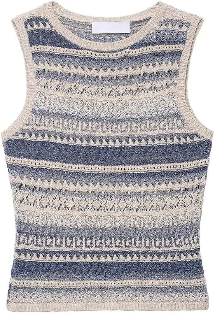Women Striped Knit Vest Sleeveless Textured Sweater Pullover Waistcoat Casual Autumn Short Top | Amazon (US)