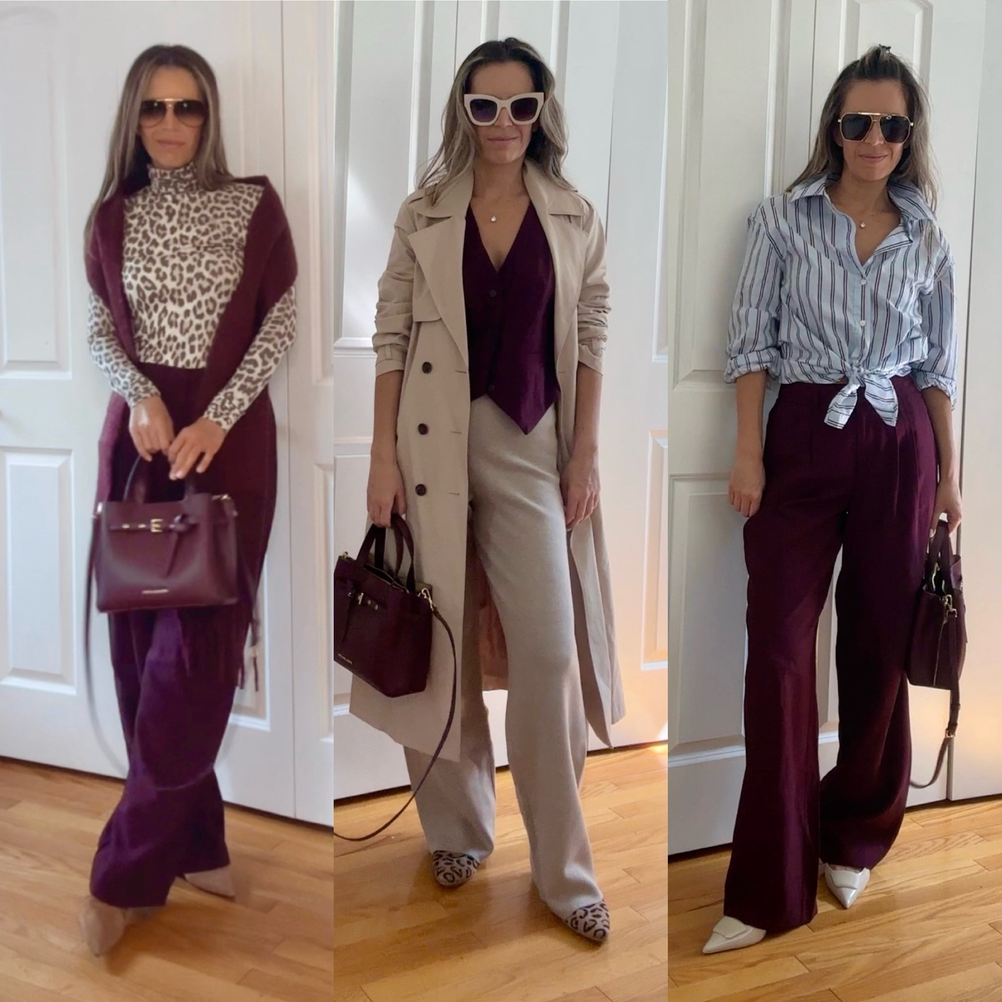 Burgundy: the ultimate fall staple 🍂

🍇Whether you’re dressing it up or down, burgundy will keep your wardrobe on-trend this season. 

Burgundy pants sz 2 - runs oversized
I’m 5’5” 122 lbs 
Burgundy vest sz XS / runs large

Blue button down sz XS / oversized
Burgundy leather bag on sale
Trench coat sz XS / oversized

Leopard turtleneck sz S
Leopard flats true to size 


#LTKWorkwear #LTKStyleTip #LTKOver40