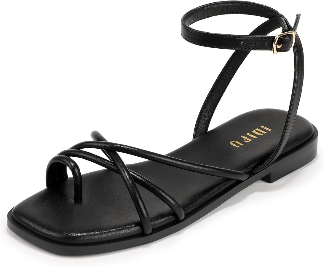 Strappy Flat Sandals for Women Square Open Toe Ankle Strap Dressy Summer Beach Wedding Party Comf... | Amazon (US)