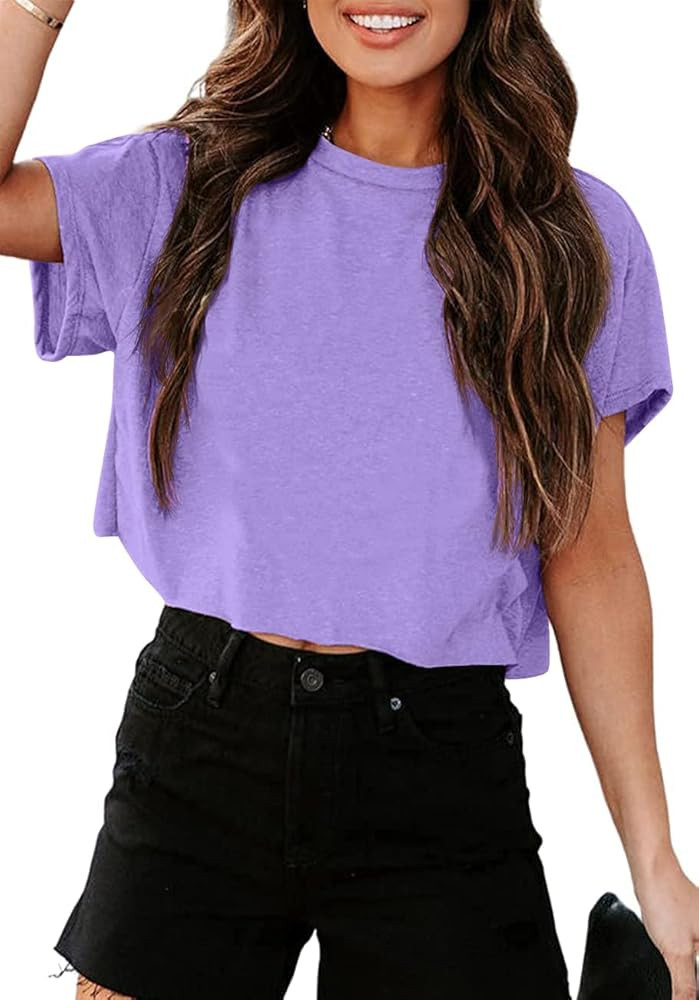 Tankaneo Women Short Sleeve Cropped T-Shirts Crew Neck Loose Crop Tops Summer Casual Drop Shoulde... | Amazon (US)