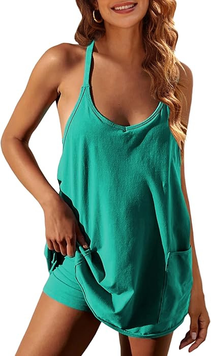 Zhiyouni Women's Summer Sleeveless Mini Dress V Neck Spaghetti Straps Athletic Built-in Shorts Su... | Amazon (US)