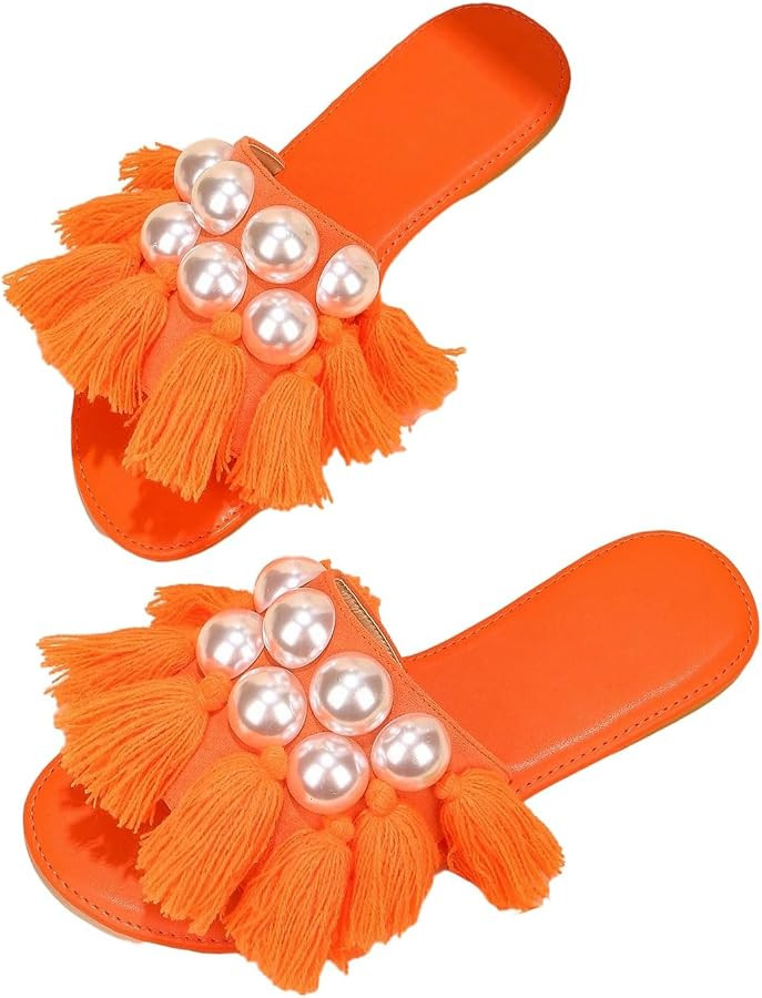 Verdusa Women's Faux Pearl Tassel Dressy Sandals Summer Slip on Leather Flat Sandals | Amazon (US)