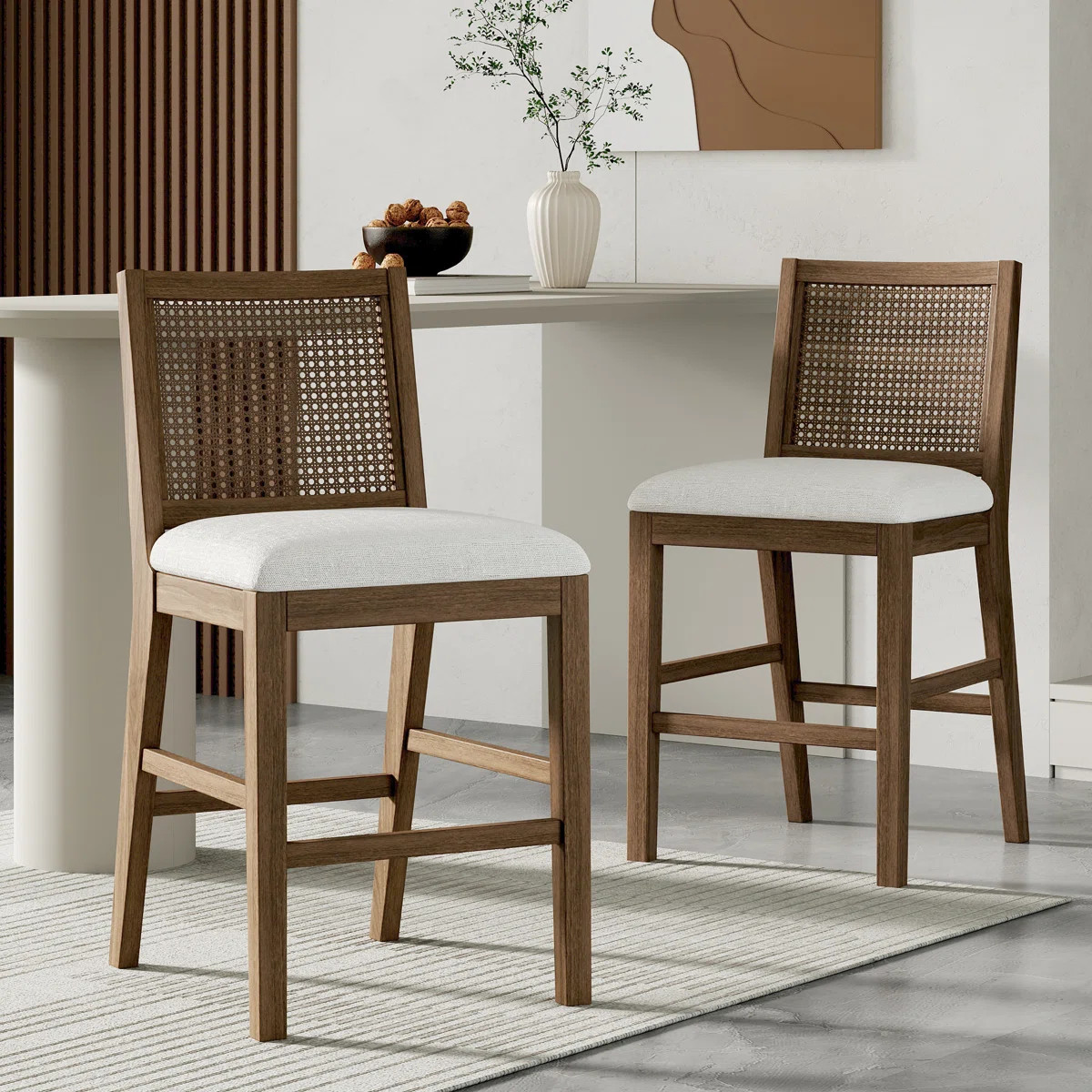 Calista Modern Coastal Rattan & Rubberwood Counter Stools with Handwoven Backrest and Upholstered... | Wayfair North America