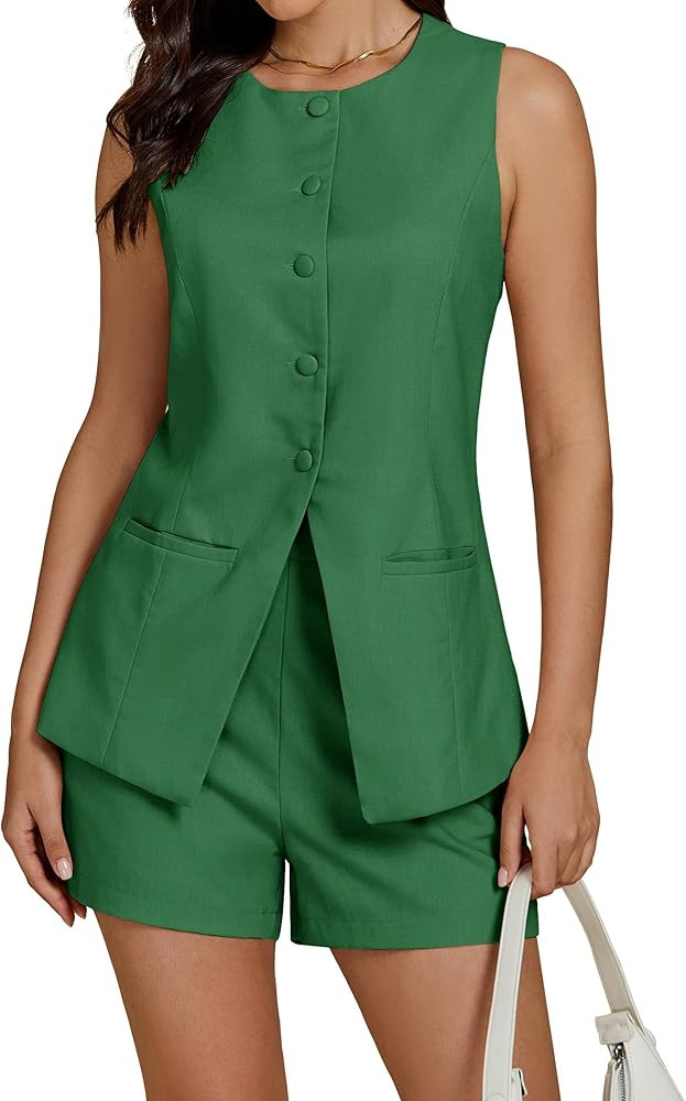 luvamia Linen Sets for Women 2 Piece Outfits Summer Shorts Button Down Vest Dressy Causal Vacatio... | Amazon (US)