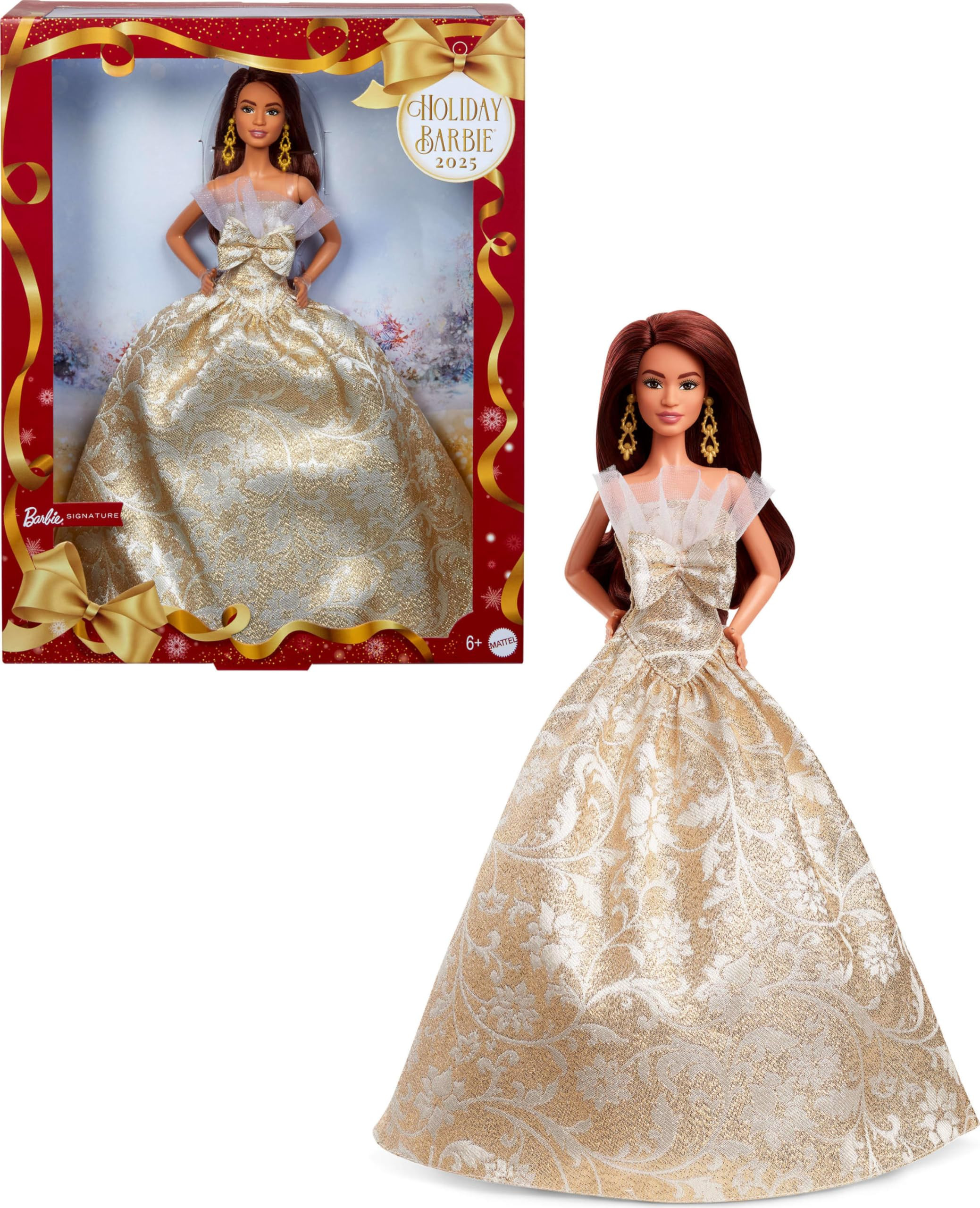 Barbie Signature 2025 Holiday Dark Brown Hair Fashion Doll Wearing Silver & Gold Gown, Seasonal C... | Amazon (US)