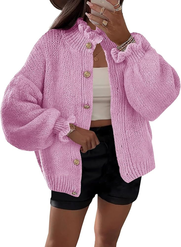 Saodimallsu Womens Ruffle Cardigan Oversized Button Up Fall Trendy Ribbed Knit Open Front Long Sl... | Amazon (US)