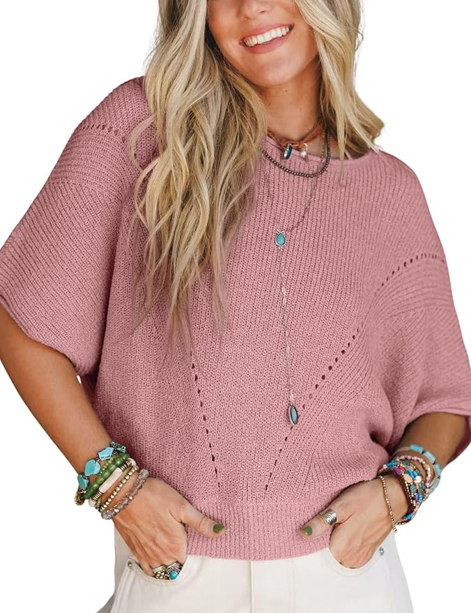 Womens Knit Sweater Top Half Batwing Sleeve Crew Neck Crochet Pullover Loose Casual T Shirt Blous... | Amazon (US)