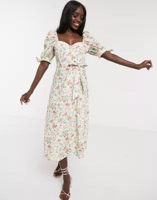 ASOS DESIGN cotton poplin puff sleeve midi skater dress in ditsy floral with rhinestone buttons | ASOS (Global)