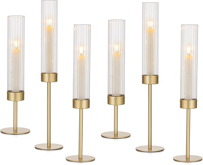 Hewory Gold Hurricane Candle Holders: Brass Candlestick Holders Set of 6 Tall Taper Candle Holder... | Amazon (US)
