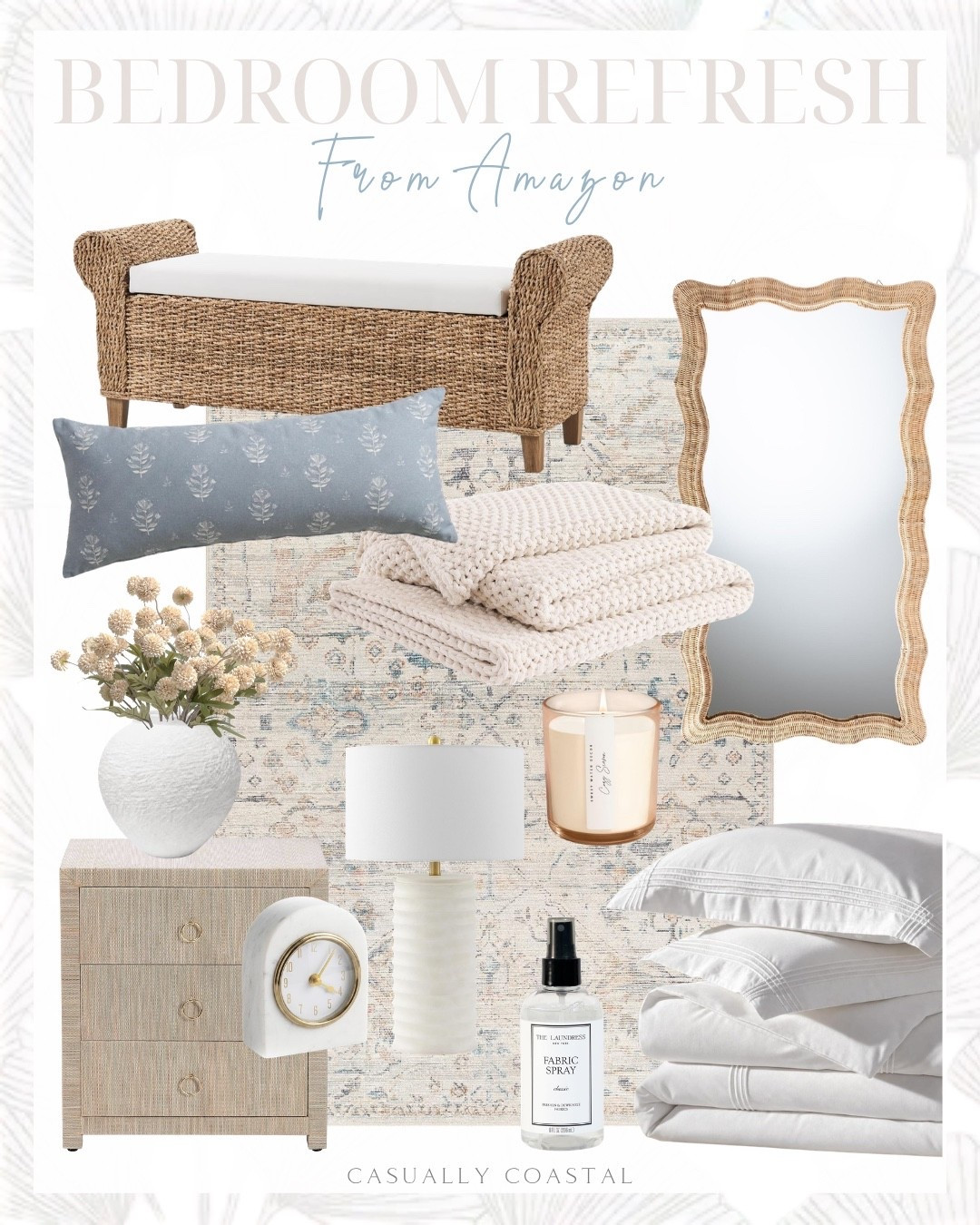 Bedroom Refresh From Amazon 

Amazon bedroom decor, Amazon rug, bedroom rug, Amazon mirror, coastal bedroom decor, coastal style, coastal rug, bedroom bench, coastal bedding, coastal throw blanket, Amazon blanket, Amazon bedding, Amazon vase, coastal vase, Amazon marble clock, Amazon candle, Amazon pillow cover, coastal pillow cover, marble tabletop clock, 100% cotton percale duvet cover, chunky cotton knit throw blanket, rattan floor mirror, rattan storage bedroom bench, sweet water decor cozy season soy candle, long lumbar pillow cover, light blue area rug, 5x7 rug, woven grass cloth 3 drawer nightstand, bedroom table lamp, fabric spray, pompon mum fake flowers, textured vase, rectangle wall mirror, bed pillows, duvet insert