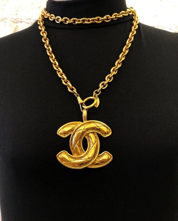 Authentic CHANEL Gold Plated Huge Quilted CC Charm Chain Necklace | Etsy (US)