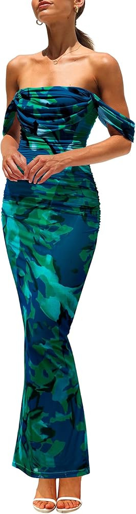 PRETTYGARDEN Women's Floral Maxi Dress 2025 Summer Off Shoulder Mesh Elegant Cocktail Party Ruche... | Amazon (US)