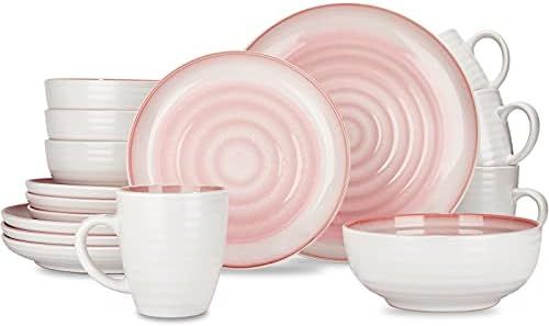 CREATIVELAND 16-Piece Round Ripple Reactive Glaze Stoneware Essential Dinnerware Set, Elegant Pink/w | Amazon (US)