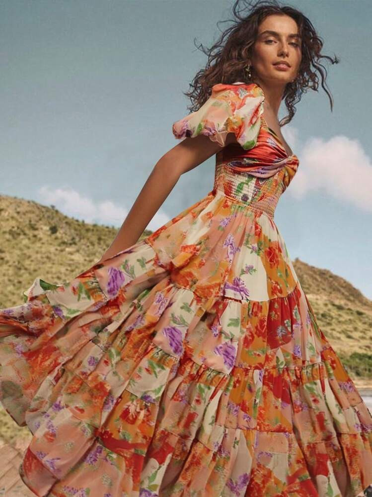 Women's Boho Ditsy Floral V-Neck A-Line Midi Dress, Sundrenched Short-Sleeve Dress, Western Wear ... | SHEIN