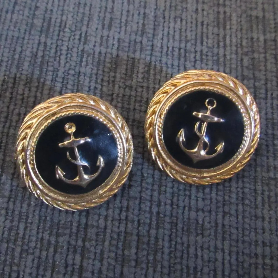 Vintage Navy Blue and Gold-tone Anchor Pierced Earrings - Etsy | Etsy (US)