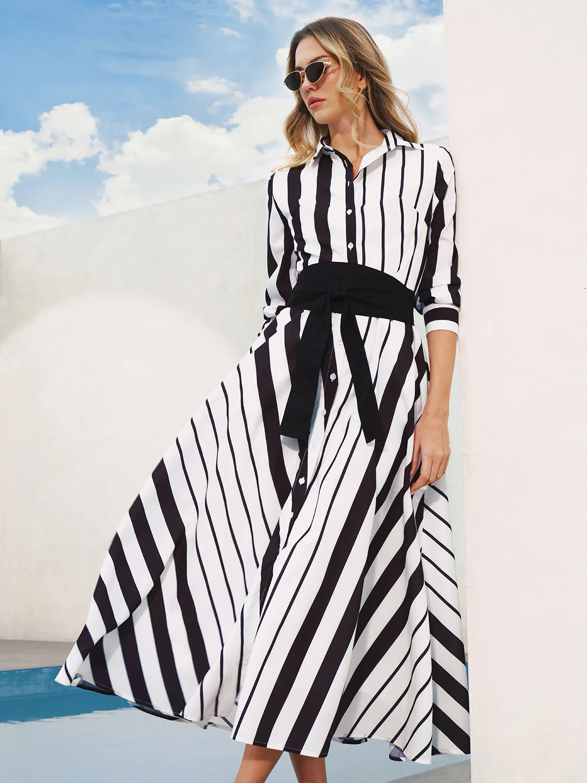 Striped Belted Shirt Midi Dress | Commense