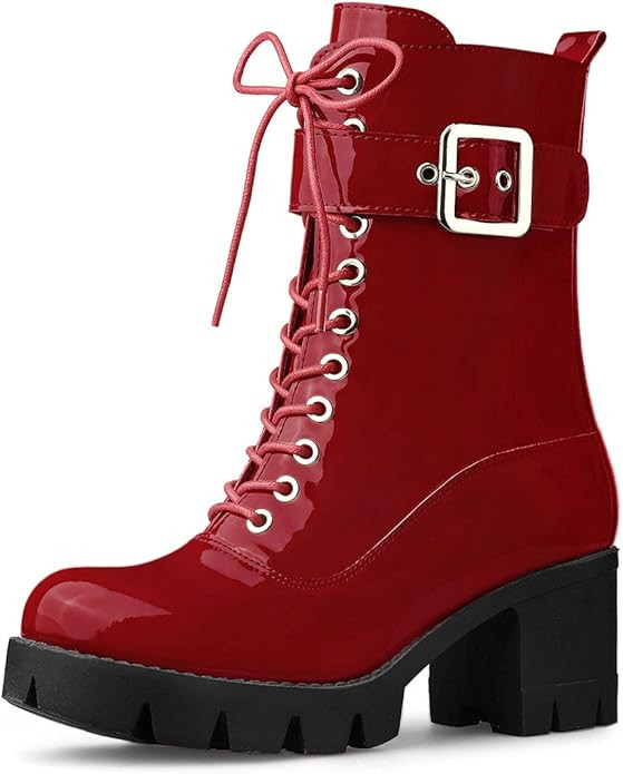 Allegra K Women's Zip Platform Chunky Heel Combat Boots | Amazon (US)