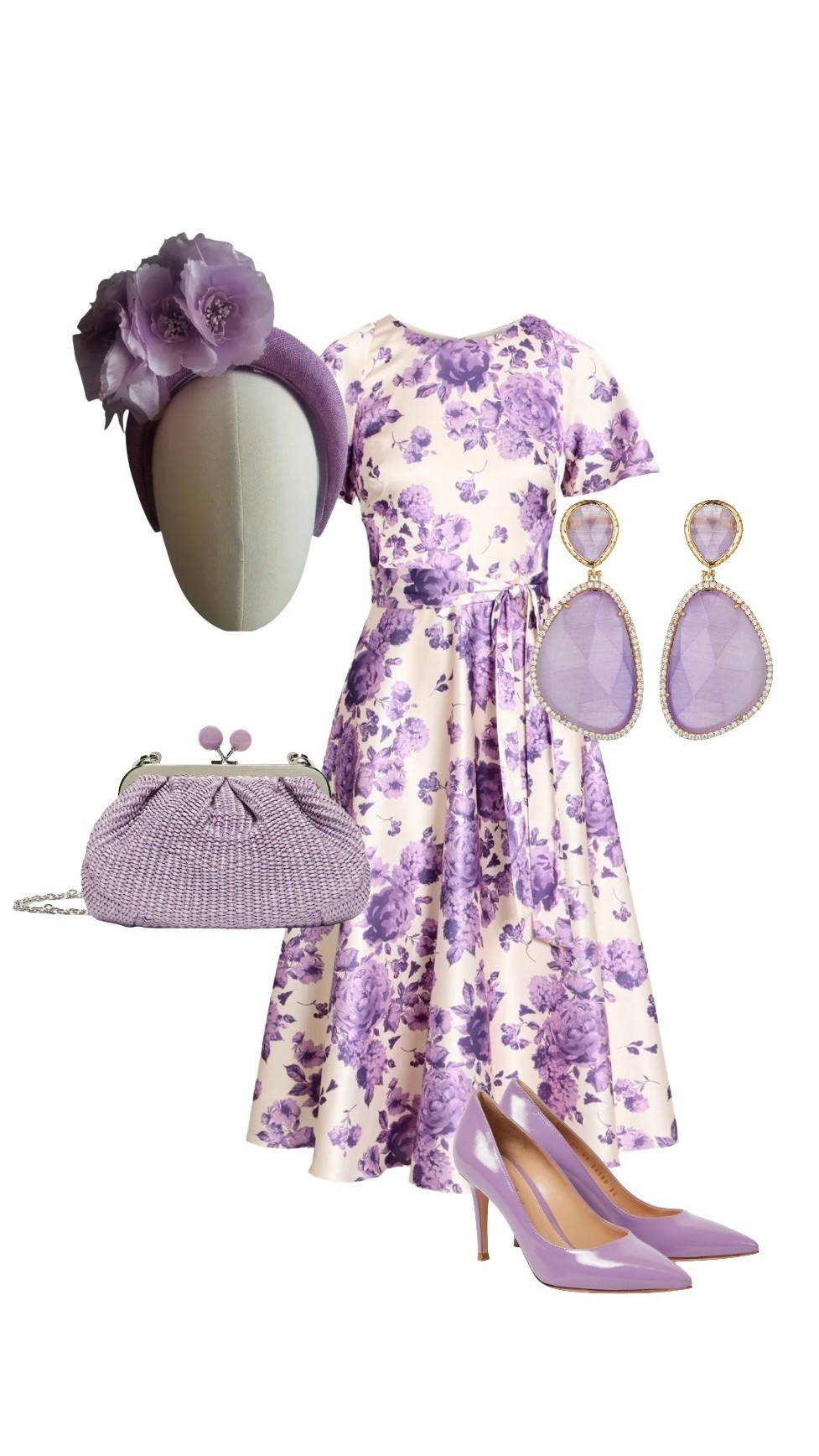 Lilac Floral Midi Dress - ON SALE at The Outnet 

Lilac Purple Floral Headband Fascinator - Etsy

Lilac / Purple ‘Pasticcino’ Small Woven Clutch Handbag - Weekend by Maxmara at Harrods

Lilac / Purple Dangle Drop Earrings - at Wolf and Badger

Purple / Lilac Patent Pumps / Heels - Giovanni Rossi at My Theresa 

#LTKuk #LTKwedding #LTKdresses #LTKspring

#LTKluxury #LTKeurope #LTKsummer