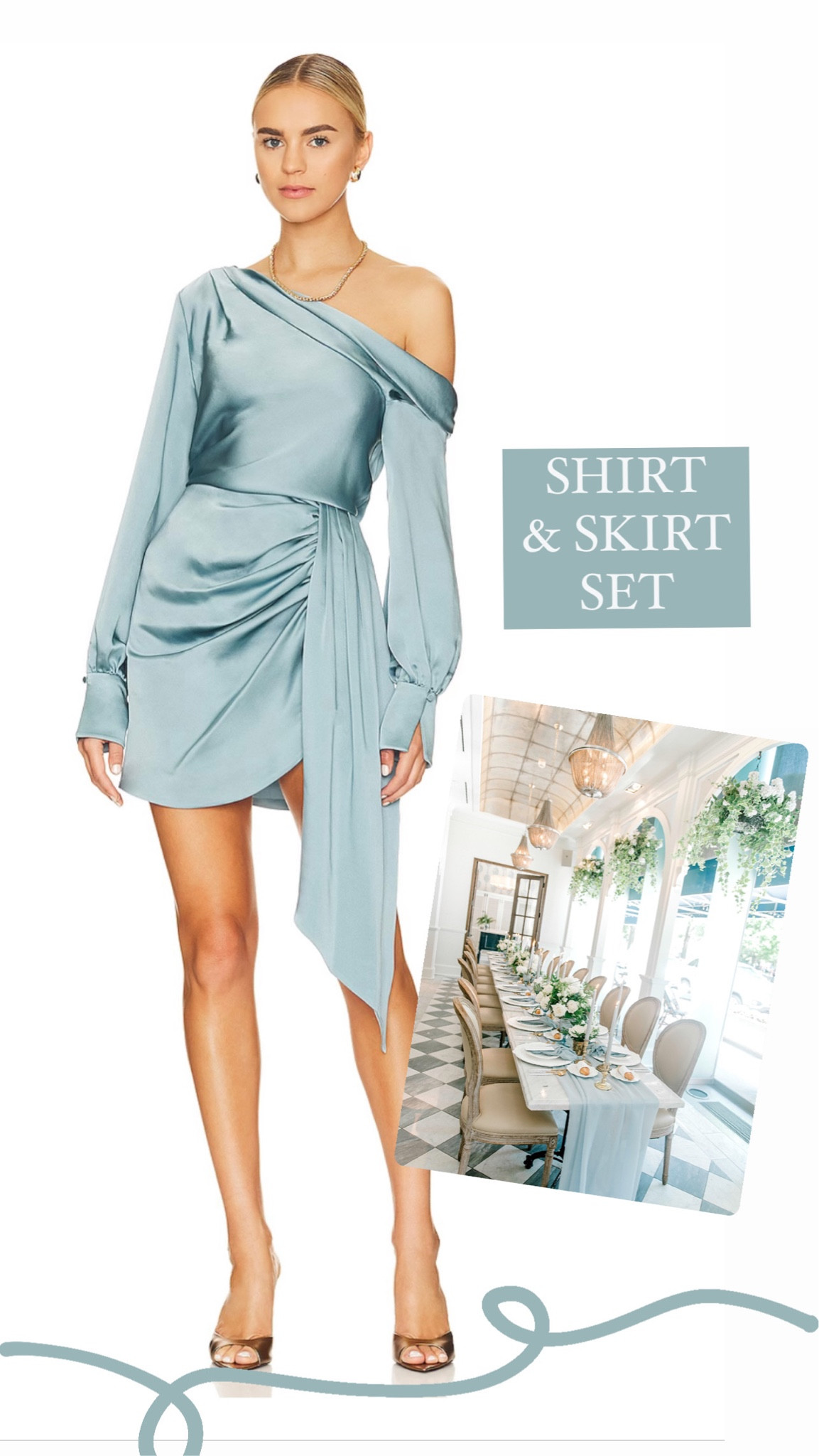 Light blue silk one shoulder long sleeve skirt & skirt set. Feminine style, Mix & match, wear again, bridal shower, baby shower, wedding guest, VPR, Raquel leviss, Vanderpump rules

#LTKSeasonal #LTKwedding #LTKsalealert