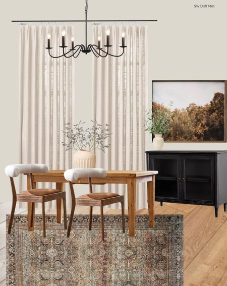 Neutral cozy dining room. Wood dining table and chairs with leather. Loloi area rug. Black accent cabinet. Chandelier. Affordable dining room style. 

#LTKhome