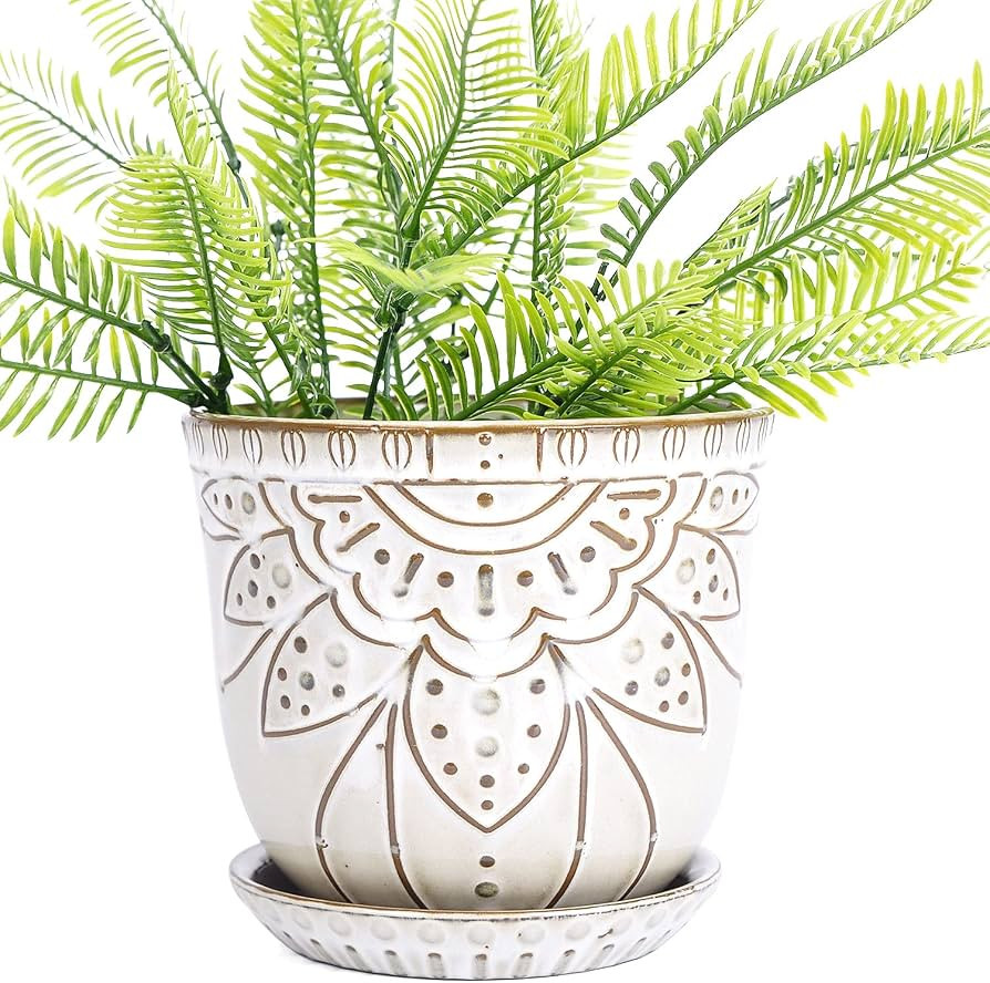 VanEnjoy 5.9 inch Round Bohemian Style Ceramic Planter, Geometry Engrave Off White Brown Planter ... | Amazon (US)