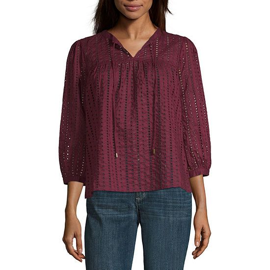 a.n.a Womens Split Crew Neck Long Sleeve Peasant Top | JCPenney