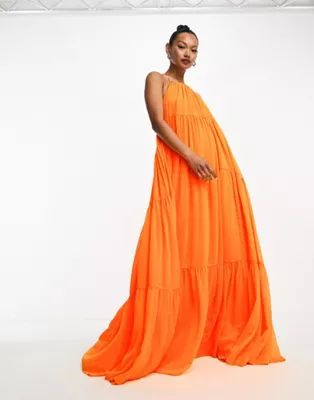 ASOS DESIGN channel detail halter neck trapeze tiered maxi dress in bright orange | ASOS (Global)