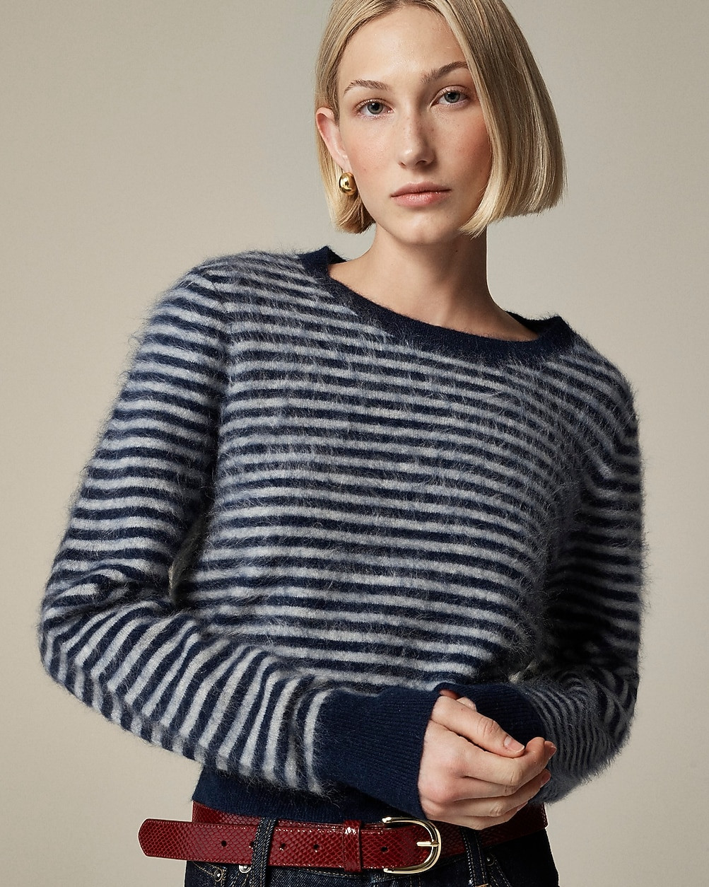 Brushed cashmere shrunken crewneck sweater in stripe | J. Crew US