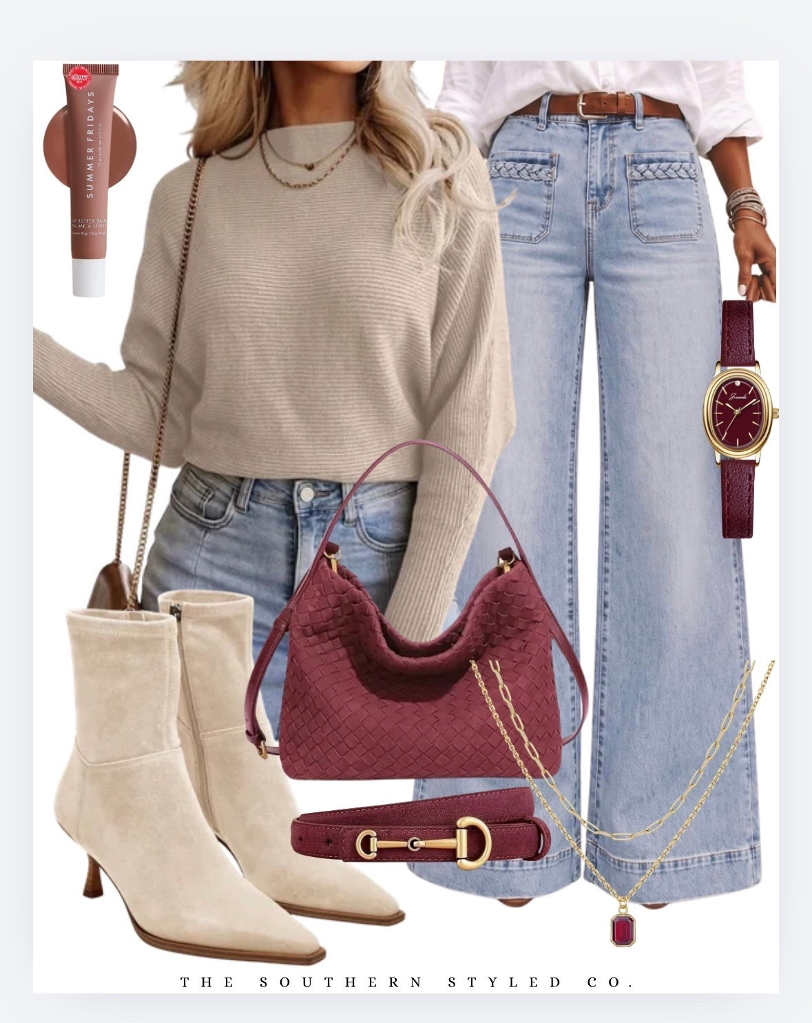 The prettiest color combination for fall 🤎🍷 This cozy neutral sweater and light-wash wide-leg jeans get the perfect pop of color from rich burgundy accessories. Add cream ankle boots and delicate gold jewelry for an effortlessly polished look you can wear from workdays to weekends!

Shop the complete outfit in my Amazon Storefront under Fall Outfit Ideas. ✨

#AmazonFinds #AmazonFashion #FoundItOnAmazon #FallOutfit #FallFashion #WideLegJeans #SweaterWeather #BurgundyAccessories #NeutralStyle #CasualChic #AffordableFashion #TheSouthernStyledCo

#ad As an Amazon Associate, I earn from qualifying purchases.

#LTKmomlife #LTKootd #LTKSeasonal