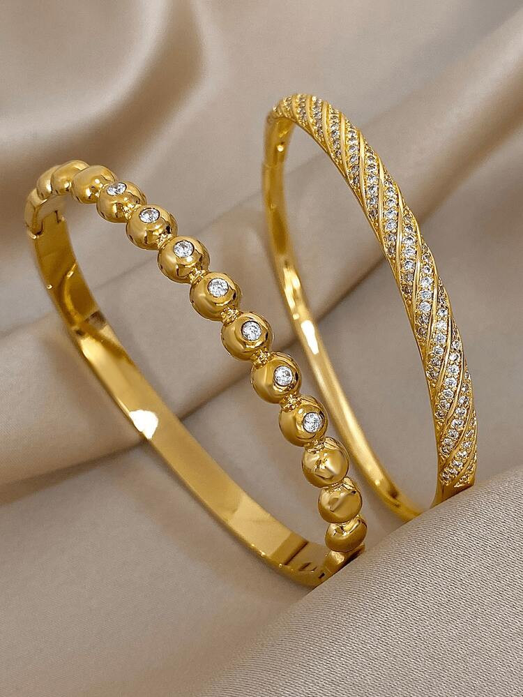 18K Gold Plated Stainless Steel Or Copper Luxe Elegant Zirconia Bangle Bracelets Set For Women, Elegant Mom Gift Christmas Thanksgiving Halloween Wedding Rave/Prom/Party/Daily/Beach Accessories Gift For Anniversary Valentine's Day Boho Jewelry Birthday Bridesmaid Gifts | SHEIN