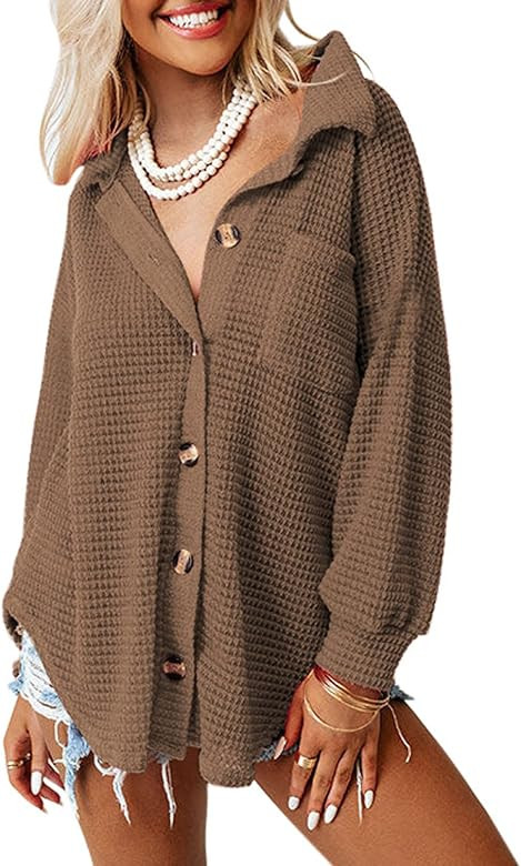 Dokotoo Womens Waffle Knit Shacket Jacket Casual Long Sleeve Button Down Shirts Dressy Blouses Tops | Amazon (US)
