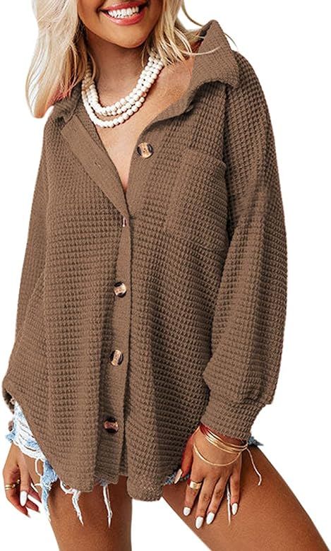 Dokotoo Womens Waffle Knit Shacket Jacket Casual Long Sleeve Button Down Shirts Dressy Blouses Tops | Amazon (US)