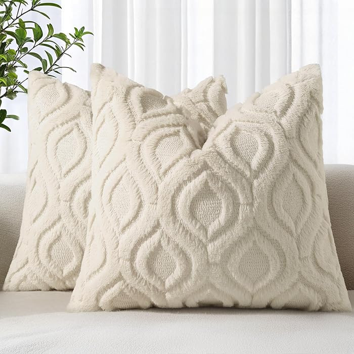 decorUhome Fall Throw Pillow Covers 18x18 Inch Set of 2, Soft Plush Faux Wool Beige Solid Couch P... | Amazon (US)