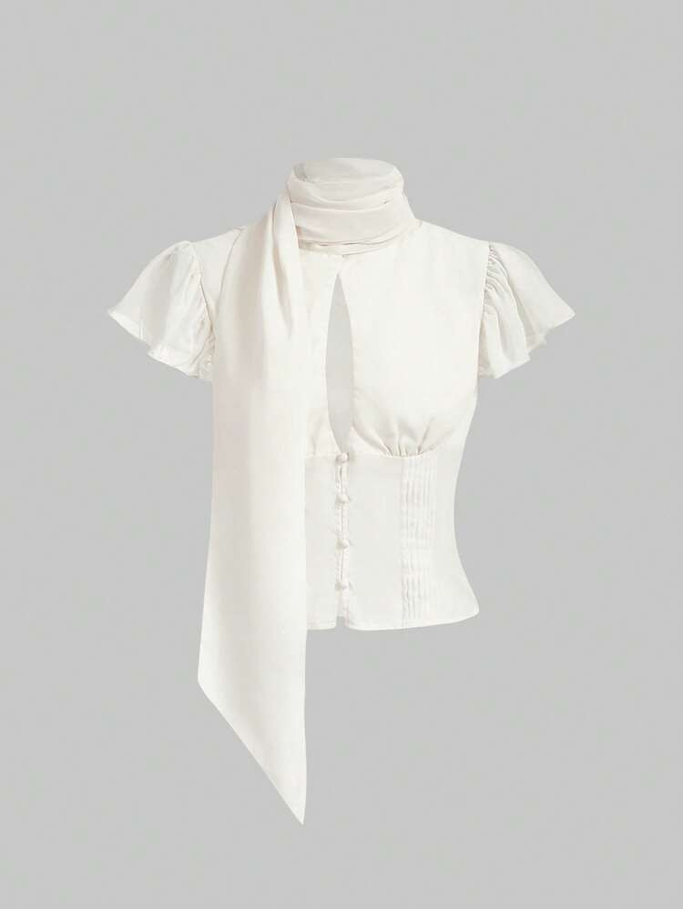 ROMWE Minimalist Sexy New Chinese Style Deep V Hollow Design With Collar Fitted Sheer Blouse | SHEIN