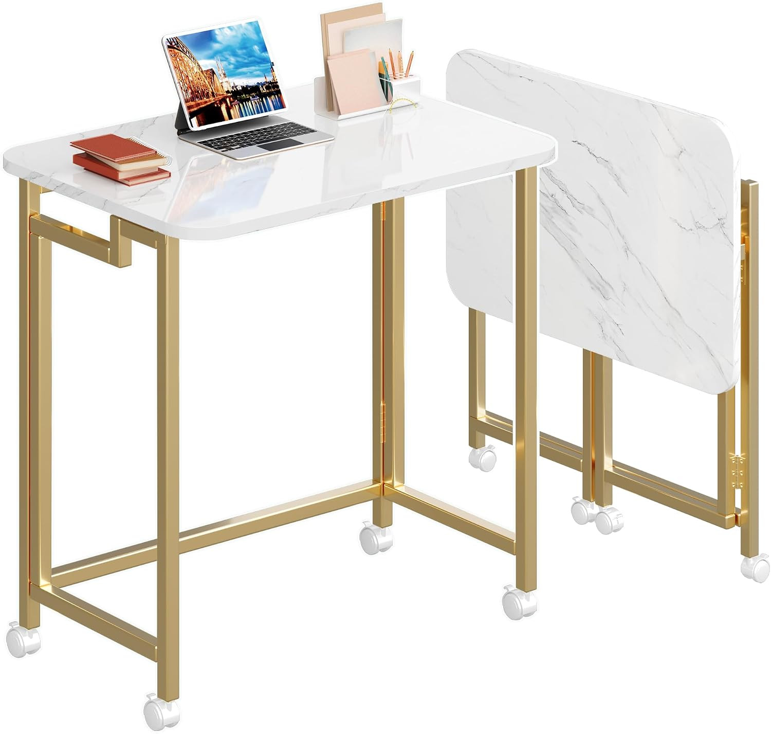 23.6" Mobile Small Rolling Computer Desk, Folding Laptop Cart Table with Wheels, Portable Office Desk for Small Space Couch Bed - White and Golden | Amazon (US)
